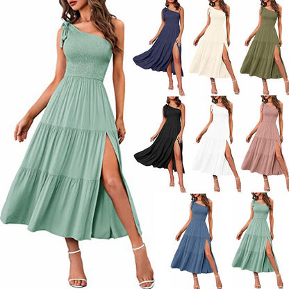 2025 New Summer Fashion Women's One-shoulder Pleated Layered Hem Split Dress